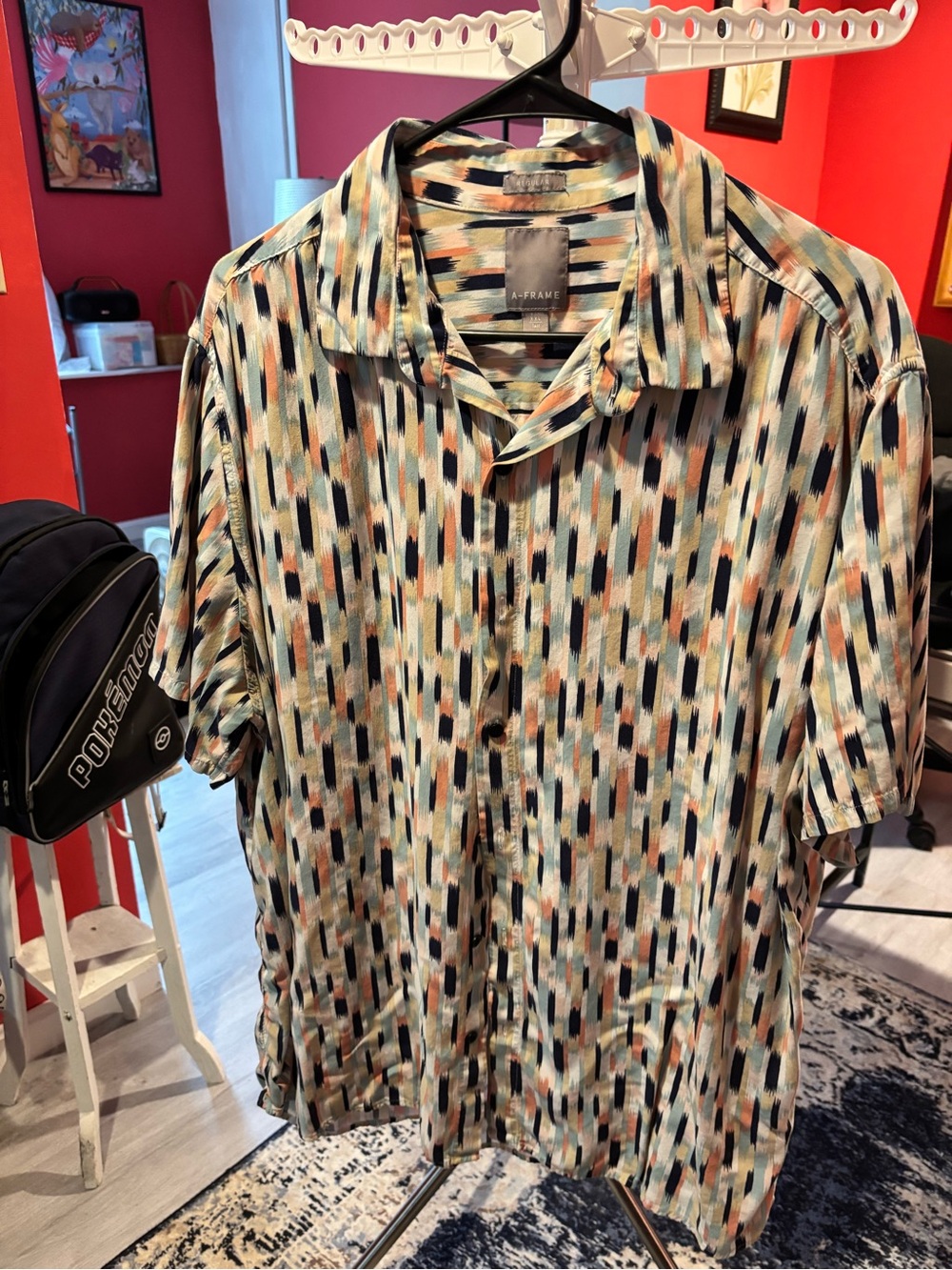 Frame Denim Short Sleeve Button-Up Shirt in Cream, Blue and Black